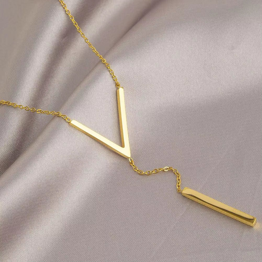 Gold-Color Steel Long Bar Tassel Paragraph Collarbone Minimalist Shaped Holiday Necklace Female Party V Necklace F1X3