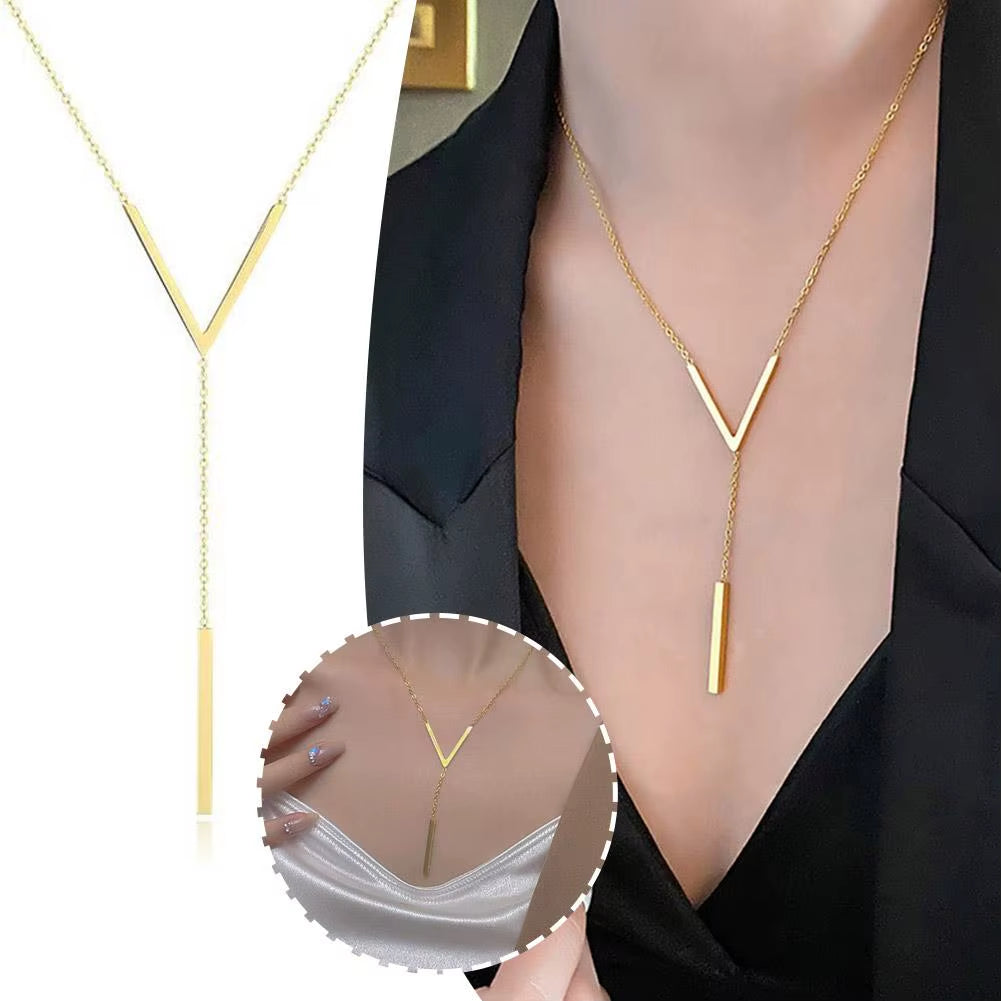 Gold-Color Steel Long Bar Tassel Paragraph Collarbone Minimalist Shaped Holiday Necklace Female Party V Necklace F1X3