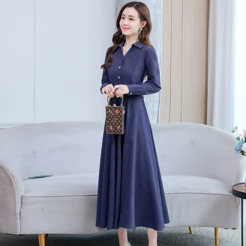 Elegant Female Casual Solid Cotton Linen Long Sleeve Maxi Dress 2024 Autumn Winter Vintage Shirt Dress Bodycon Party Prom Dress