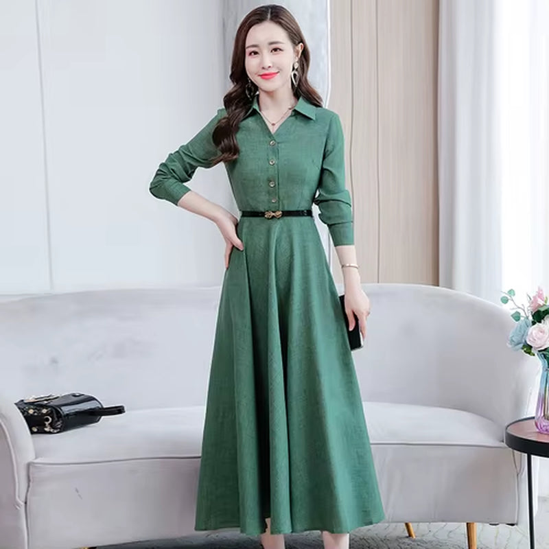 Elegant Female Casual Solid Cotton Linen Long Sleeve Maxi Dress 2024 Autumn Winter Vintage Shirt Dress Bodycon Party Prom Dress