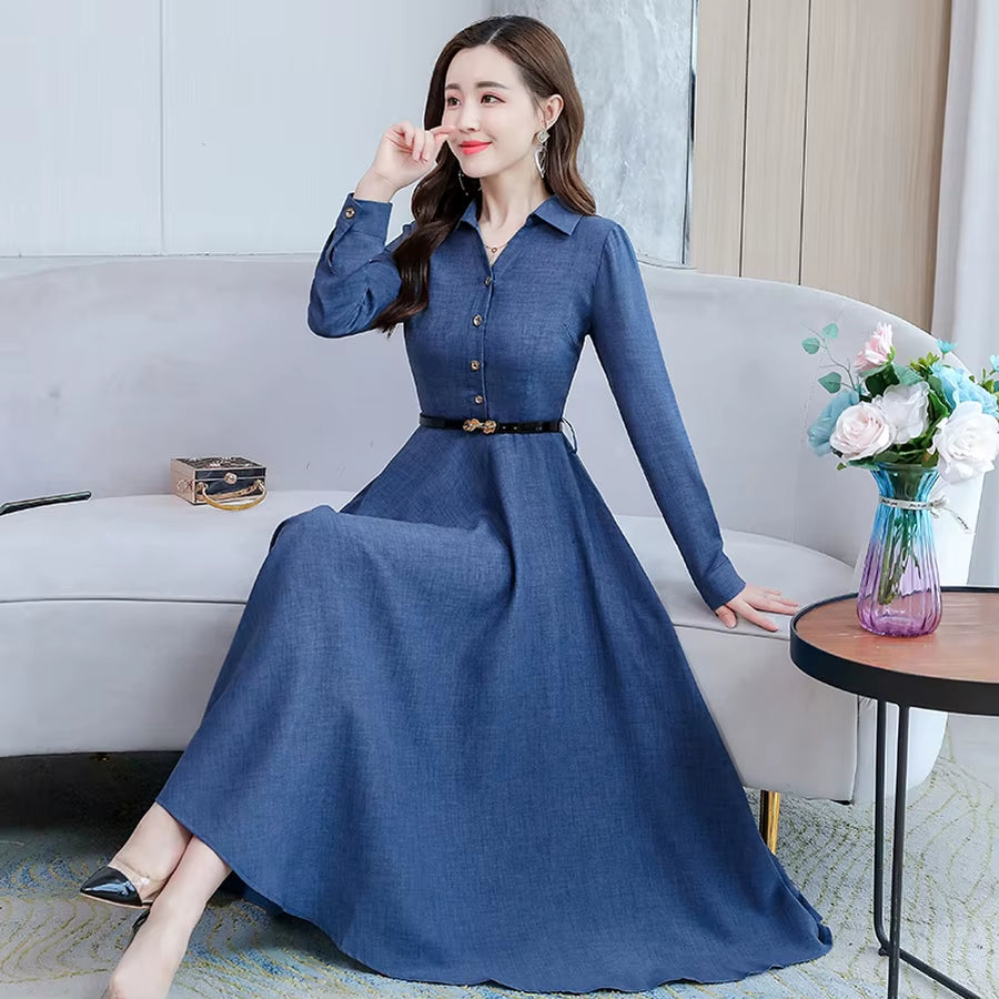 Elegant Female Casual Solid Cotton Linen Long Sleeve Maxi Dress 2024 Autumn Winter Vintage Shirt Dress Bodycon Party Prom Dress