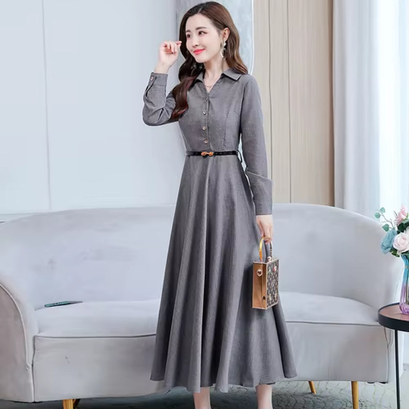 Elegant Female Casual Solid Cotton Linen Long Sleeve Maxi Dress 2024 Autumn Winter Vintage Shirt Dress Bodycon Party Prom Dress