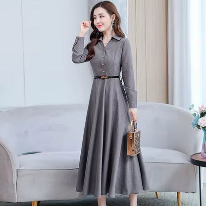 Elegant Female Casual Solid Cotton Linen Long Sleeve Maxi Dress 2024 Autumn Winter Vintage Shirt Dress Bodycon Party Prom Dress