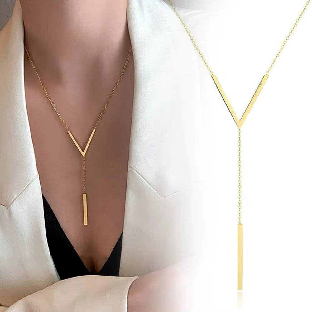 Gold-Color Steel Long Bar Tassel Paragraph Collarbone Minimalist Shaped Holiday Necklace Female Party V Necklace F1X3