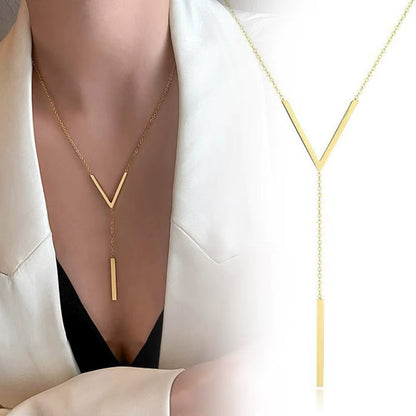 Gold-Color Steel Long Bar Tassel Paragraph Collarbone Minimalist Shaped Holiday Necklace Female Party V Necklace F1X3
