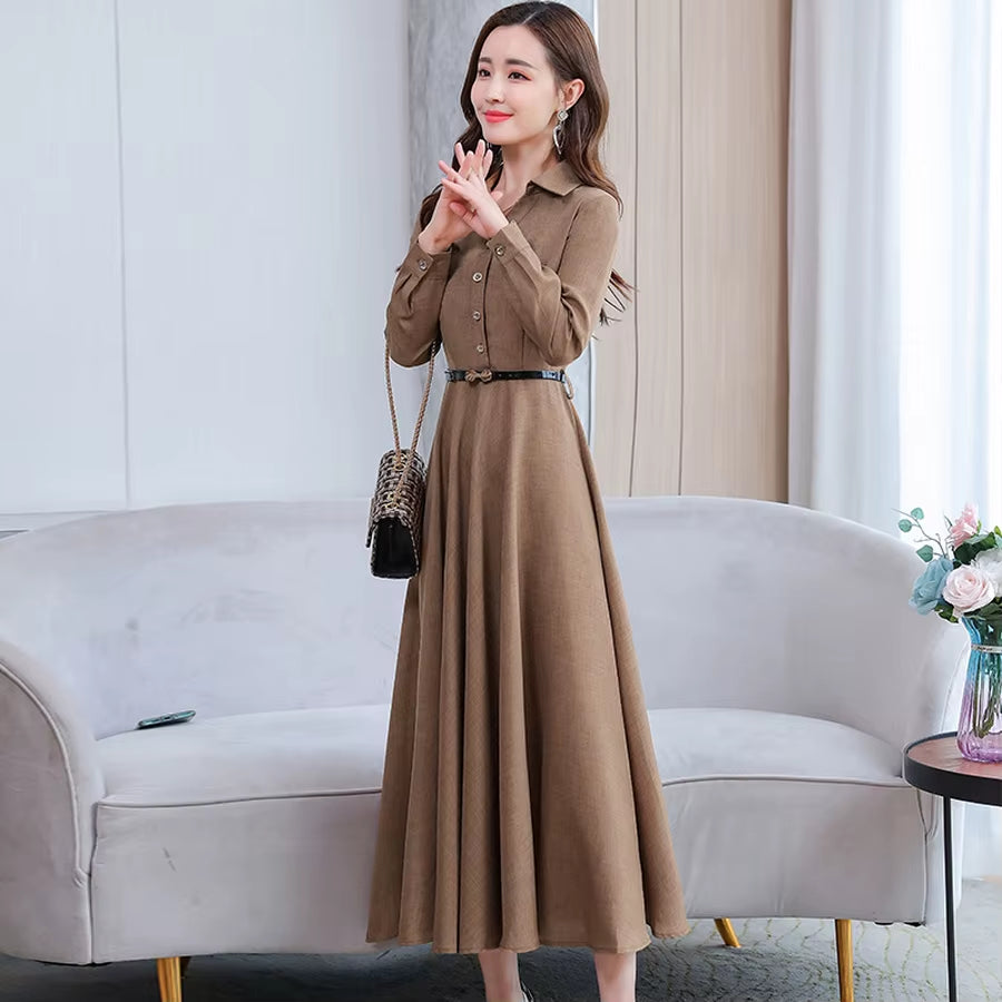 Elegant Female Casual Solid Cotton Linen Long Sleeve Maxi Dress 2024 Autumn Winter Vintage Shirt Dress Bodycon Party Prom Dress