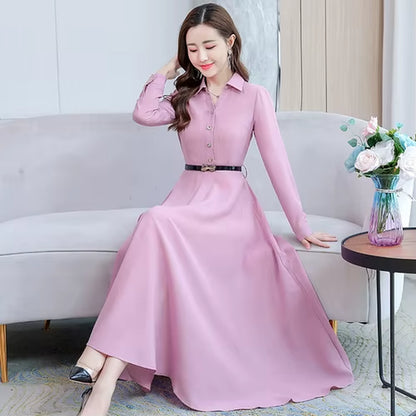 Elegant Female Casual Solid Cotton Linen Long Sleeve Maxi Dress 2024 Autumn Winter Vintage Shirt Dress Bodycon Party Prom Dress