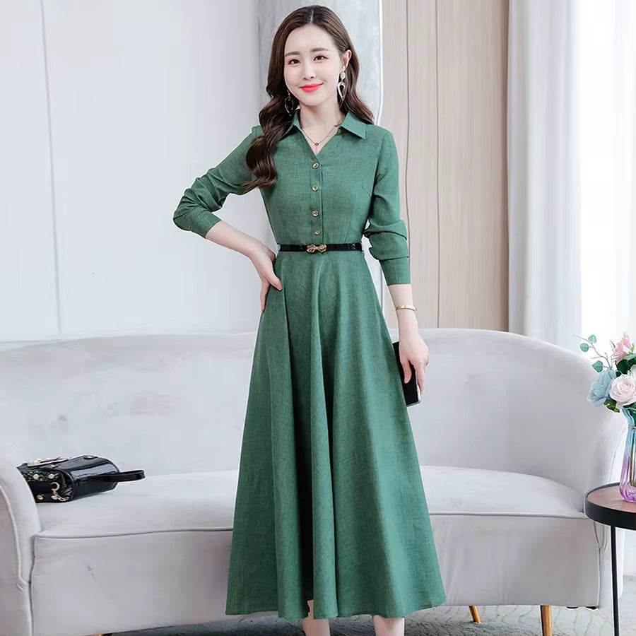 Elegant Female Casual Solid Cotton Linen Long Sleeve Maxi Dress 2024 Autumn Winter Vintage Shirt Dress Bodycon Party Prom Dress