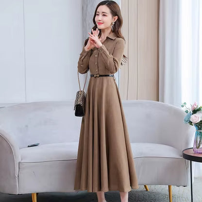 Elegant Female Casual Solid Cotton Linen Long Sleeve Maxi Dress 2024 Autumn Winter Vintage Shirt Dress Bodycon Party Prom Dress