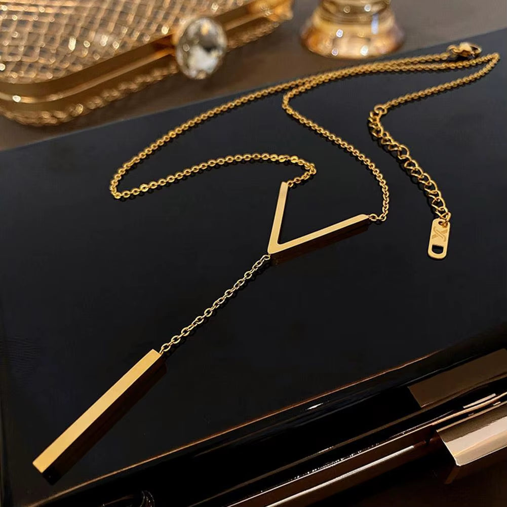 Gold-Color Steel Long Bar Tassel Paragraph Collarbone Minimalist Shaped Holiday Necklace Female Party V Necklace F1X3