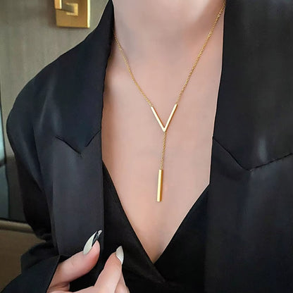 Gold-Color Steel Long Bar Tassel Paragraph Collarbone Minimalist Shaped Holiday Necklace Female Party V Necklace F1X3