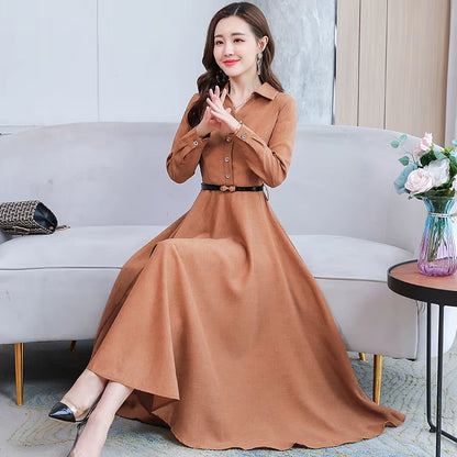 Elegant Female Casual Solid Cotton Linen Long Sleeve Maxi Dress 2024 Autumn Winter Vintage Shirt Dress Bodycon Party Prom Dress